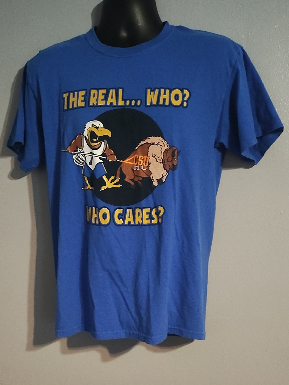 Gildan Blue Graphic Tee "The Real... Who? Who Cares?"